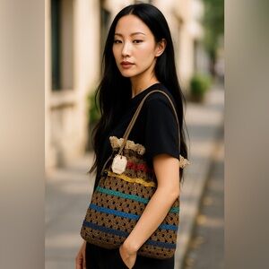 Sun & Sand Boho‎ Crochet Straw Shoulder Tote Drawstring SZ L Summer Multi Brown